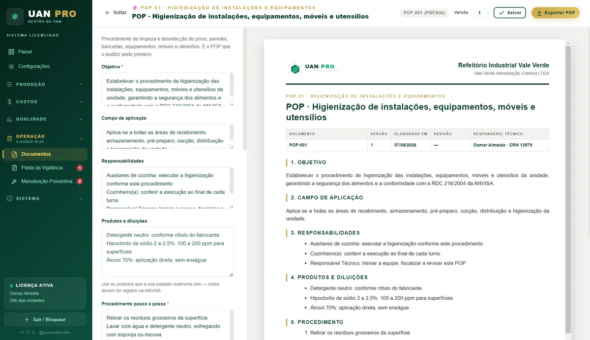 Construtor de documento com formulário à esquerda e a folha A4 pronta à direita